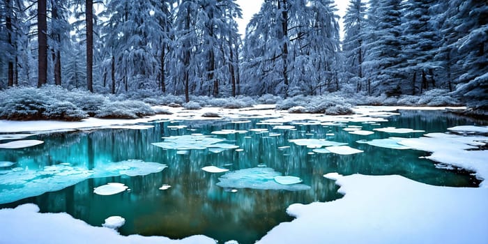 Frozen Fairy Pond. In the heart of a snow-covered forest, a pond lies frozen. Delicate frost patterns adorn its surface, and beneath the ice, mythical creatures slumber.The stillness and magic of winter.