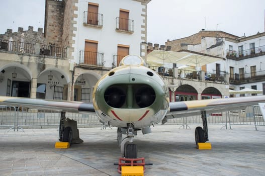 Caceres, Spain - May 27th, 2021: Hispano HA-200 Saeta. Spanish military aviation exhibition, Caceres Main Square, Spain