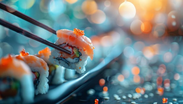 Sushi roll japanese food on a black background with bokeh