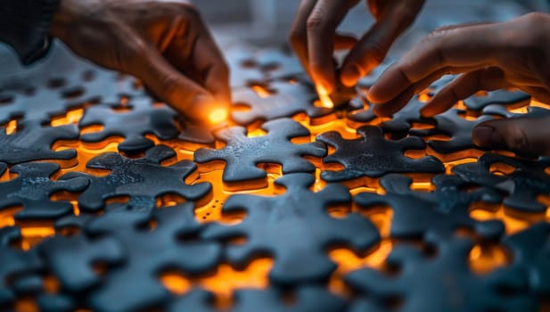 Close up of hands connecting pieces of jigsaw puzzle. Teamwork concept