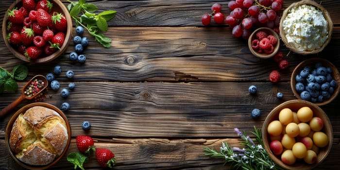 Fresh berries and pastries on rustic wooden background. Top view