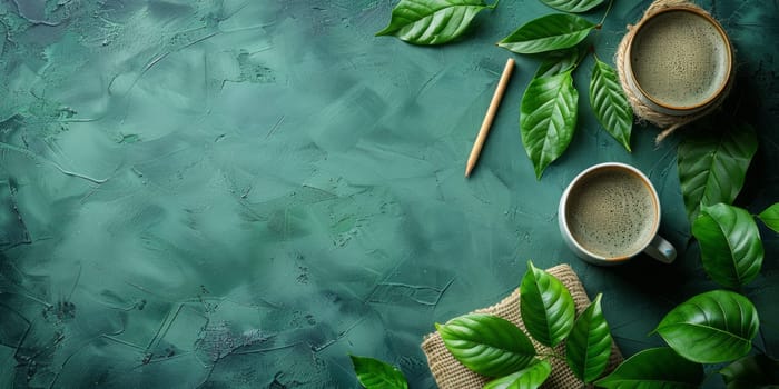 Coffee cup and green leaves on green background. Top view with copy space