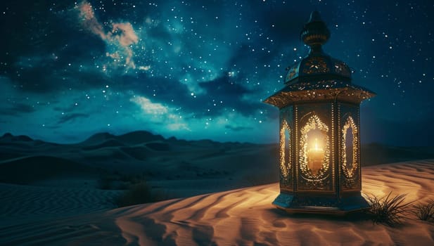 Lantern in the desert at night. Ramadan Kareem background