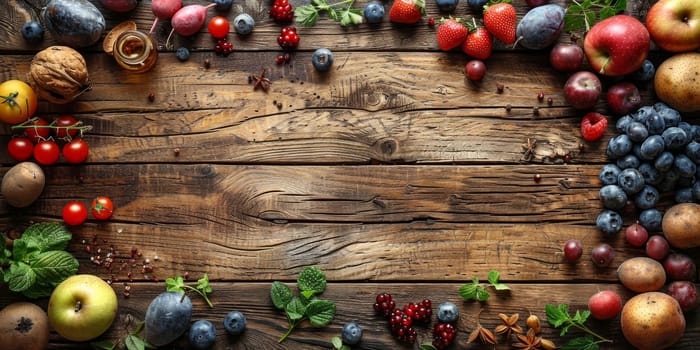 Organic fruits and vegetables displayed on a rustic wooden table