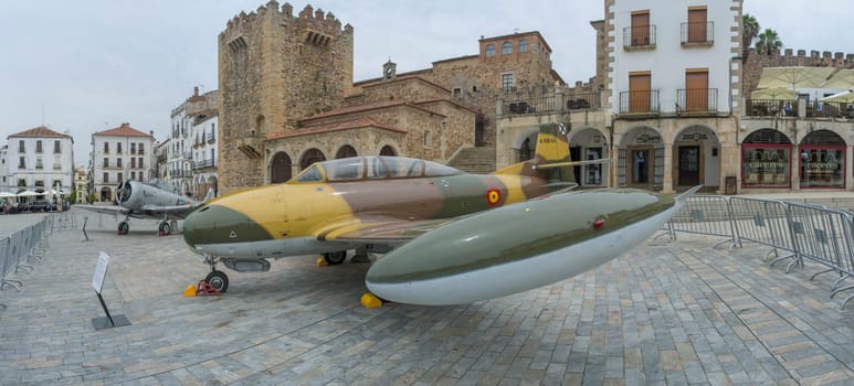 Caceres, Spain - May 27th, 2021: Spanish military aviation exhibition. Caceres main square, Spain