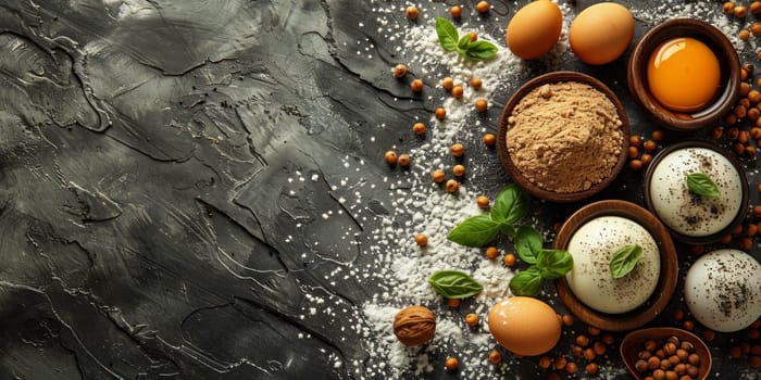 Ingredients for cooking tiramisu on grey background, top view. Space for text