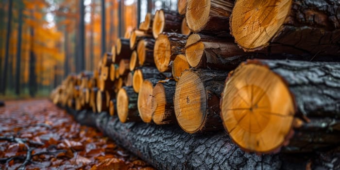 Woodpile of sawn trees in autumn forest, close up