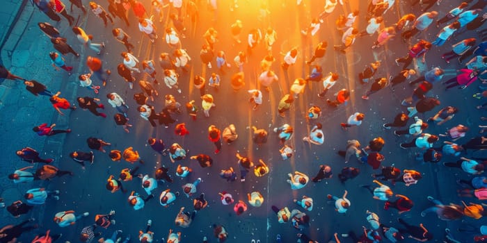 Aerial view of crowd of people walking in the city at sunset