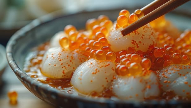 Close up view of salmon roe and scallops in a bowl with chopsticks