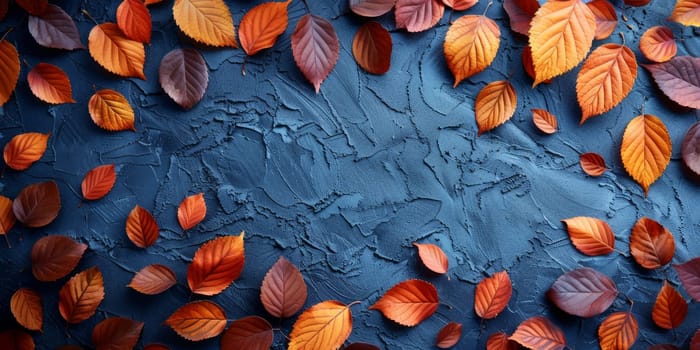 Autumn leaves on blue textured background. Fall season concept.