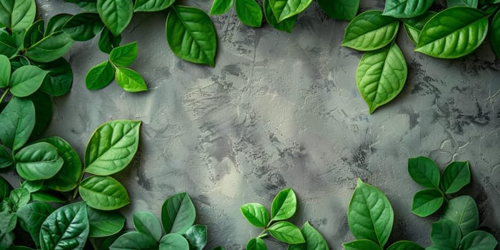 Vibrant green leaves scattered on textured cement background