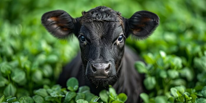 Portrait of a black calf in the green grass. Close-up.