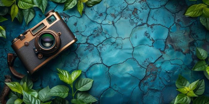 top view of retro camera and green leaves on cracked blue background with copy space