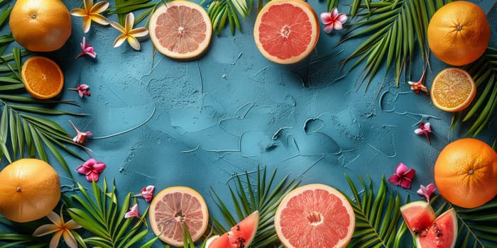 Creative layout made of tropical leaves, fruits and flowers on color background