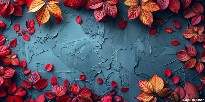 Autumn background. Red leaves on blue textured background with copy space