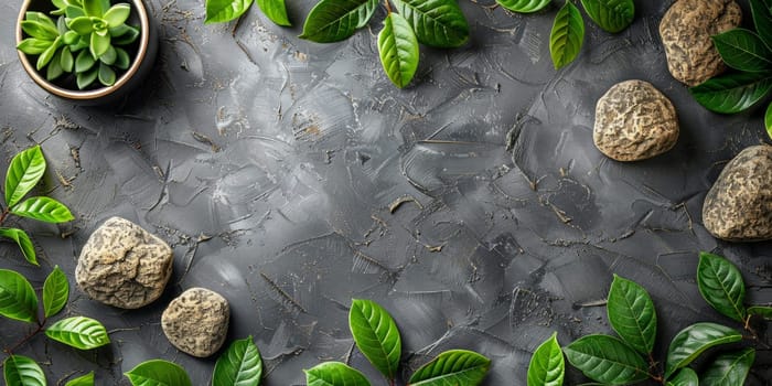 Green leaves and stones on grey background. Top view with copy space