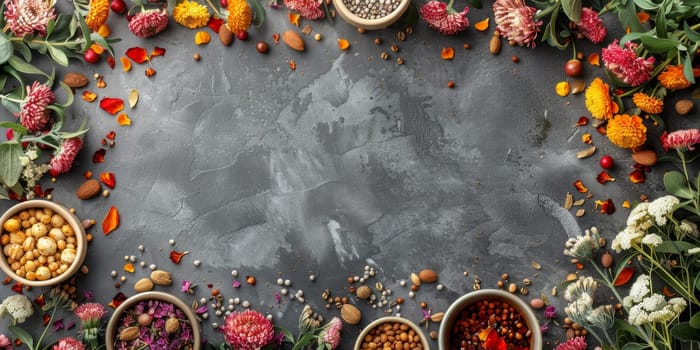 Autumn composition. Frame made of dried flowers, nuts and herbs on grey background. Flat lay, top view, copy space