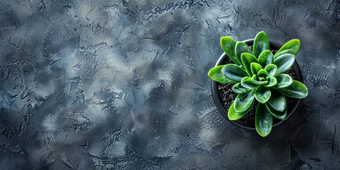 Succulent plant in a pot on a dark concrete background.