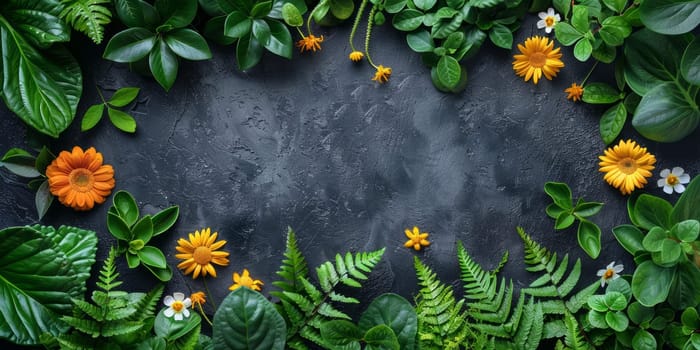 Lush Greenery and Blooming Flowers Surrounding Dark Textured Surface