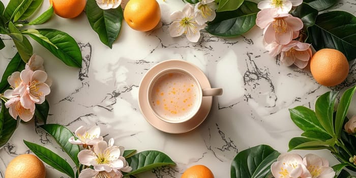 Cup of coffee with milk and spring flowers on white marble table, flat lay