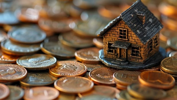 A miniature house atop a pile of coins symbolizes real estate investment.