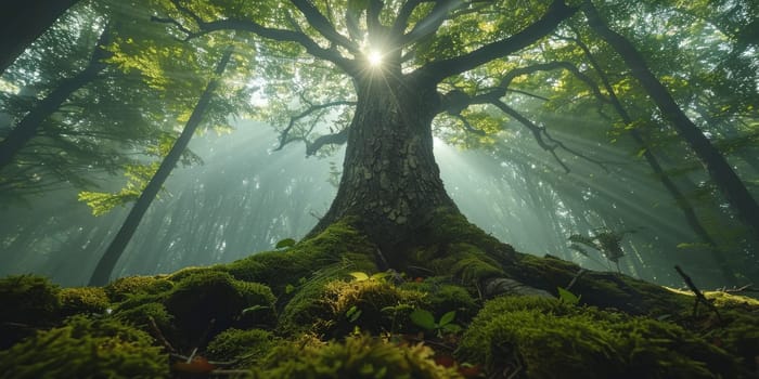 Beautiful green forest with sun rays shining through the old tree.