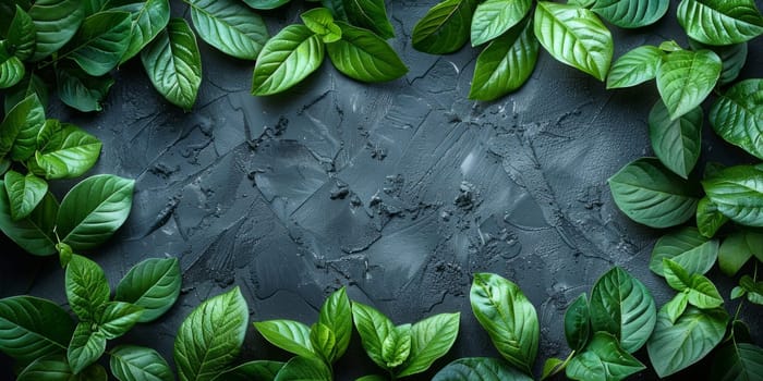 Fresh basil leaves on dark textured background. Top view with copy space