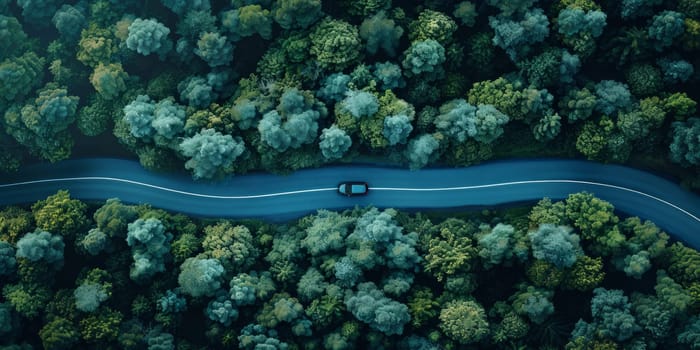 Aerial view of a car journeying through a lush forest