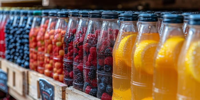 Fruit and berry juice in bottles on a market stall.