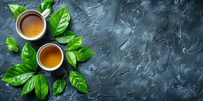Two cups of herbal tea surrounded by vibrant green leaves on a dark textured surface