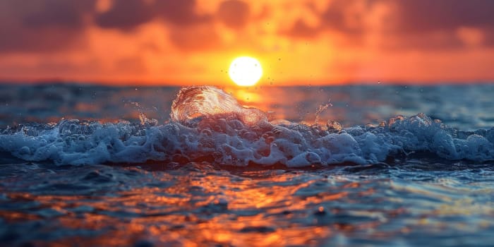 Beautiful sunset on the sea with waves and splashes of water
