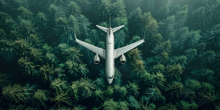 Aerial view of airplane flying over the tropical forest.
