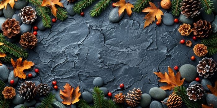 Frame of autumn leaves, pine cones and berries on stone background.