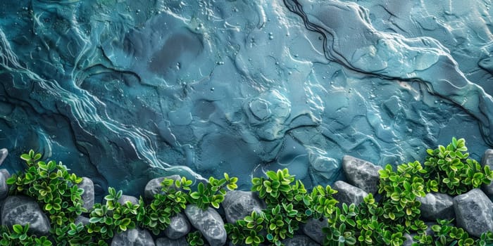 green plant on stone wall with blue water background