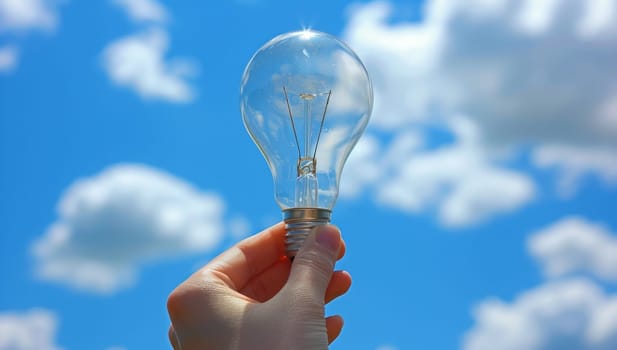 Hand holding a light bulb on a background of blue sky with clouds