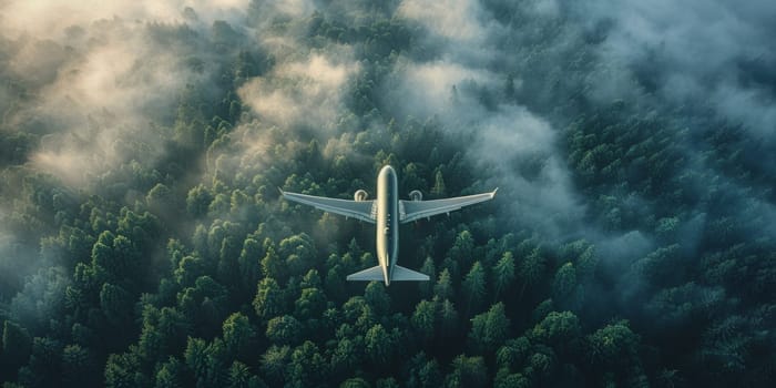 Airplane flying in the clouds over the forest.