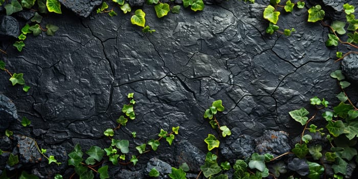 Green Creeper Plant on Black Cracked Ground Background. Natural Texture.
