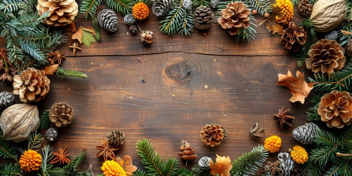 Christmas background with fir tree branches, cones and nuts on wooden background