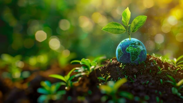 Earth with a green plant - a symbol of a clean environment, rich in natural resources and good environmental conditions. AI generated