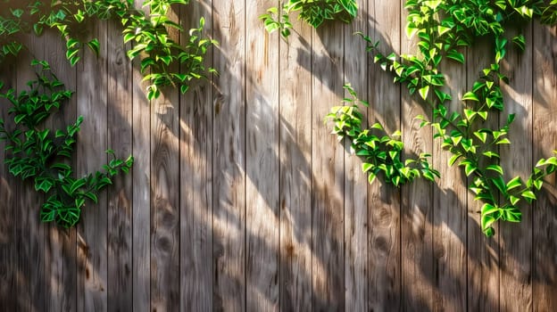 Combination of  green leaves and wood background for aesthetic wall decoration. AI generated