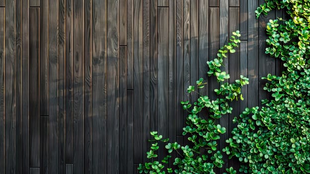 Green wall, eco friendly vertical wooden wall with a green foliage. AI generated