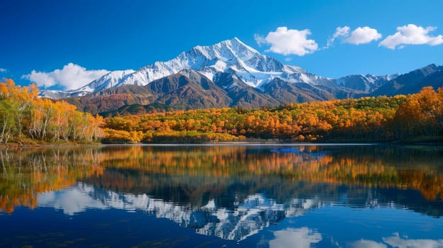 The snowy mountain in the sunshine with reflection at autumn forest lake. AI generated