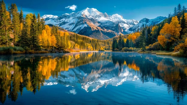 Fall mountain scene with changing yellow trees and pine forest reflecting in lake. AI generated