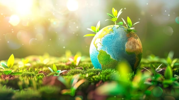 Planet earth with leaves. Environment concept,  globe in the green grass. AI generated