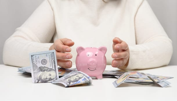 Pink ceramic piggy bank and woman with American paper money. Wealth concept, bargain, accumulation. High profitable margin