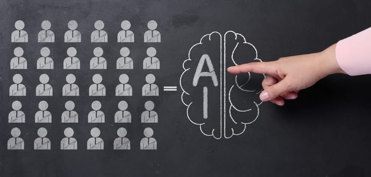 Chalk-drawn icons of human figures, an equal sign with a drawn human brain, inscription artificial intelligence. Finger points to the superiority of intellect, emphasizing increased productivity