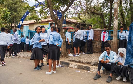 GONDAR, ETHIOPIA, APRIL 22.2019, Ethiopian students in uniform behind Fasiledes secondary school in Gondar City. Gondar, Ethiopia, April 22. 2019