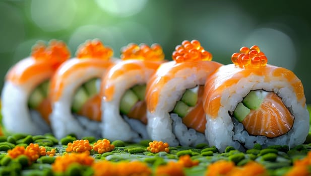 Sushi rolls with salmon and caviar on green background. Japanese food