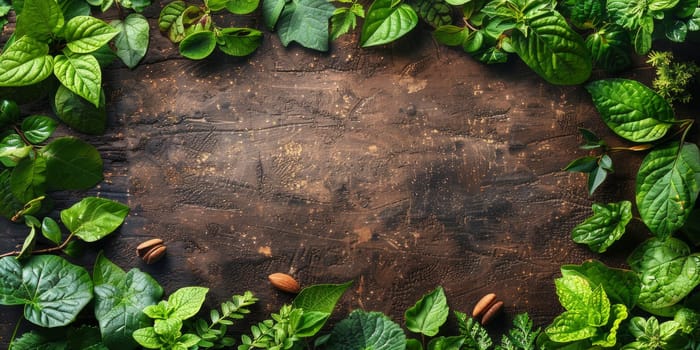 Fresh green leaves on rustic wooden background. Top view with copy space