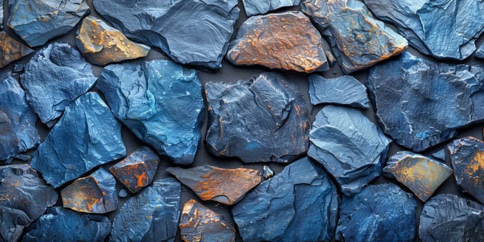 Intricate pattern of blue and brown stones forming a textured wall